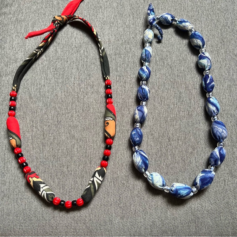 Vintage Handmade Fabric Bead Necklace Lot Boho Textile Jewelry Set of 2